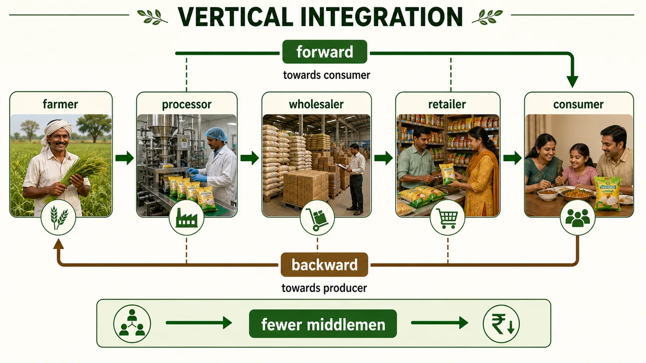 Vertical integration in agricultural marketing showing forward integration toward consumers and backward integration toward producers