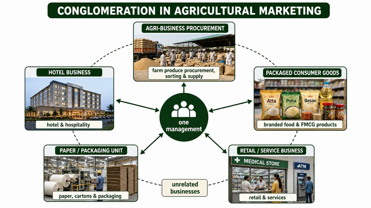 Conglomeration in agricultural marketing showing one management controlling agri-business procurement along with unrelated hotel, packaged goods, packaging, and retail service businesses