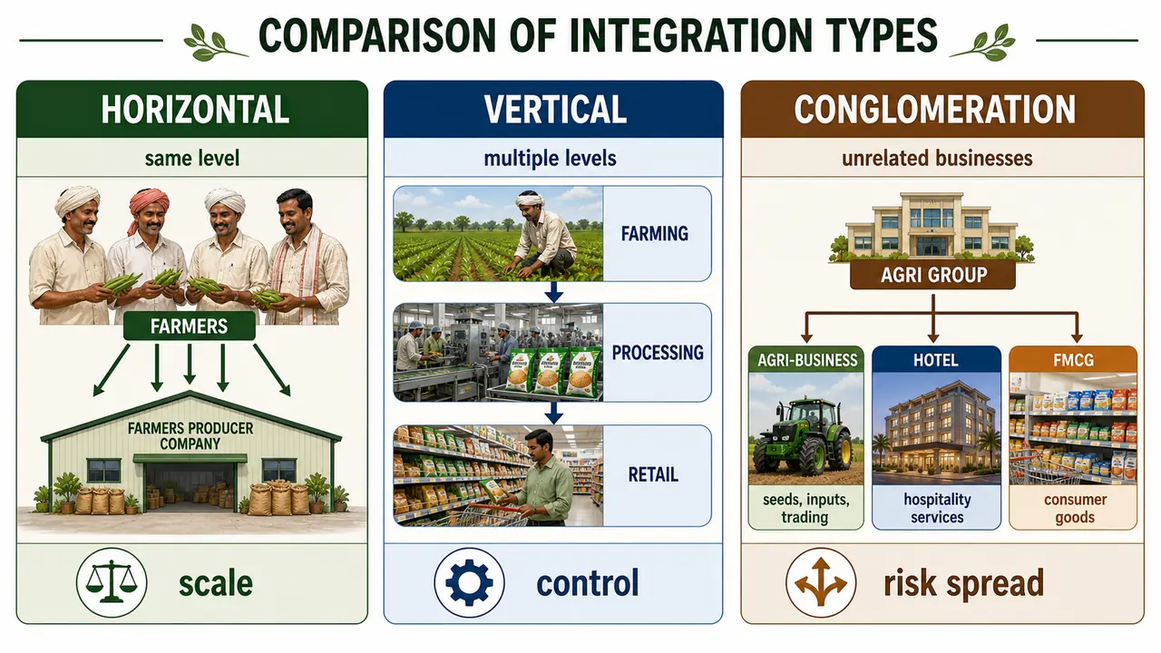 Comparison of horizontal integration, vertical integration, and conglomeration in agricultural marketing