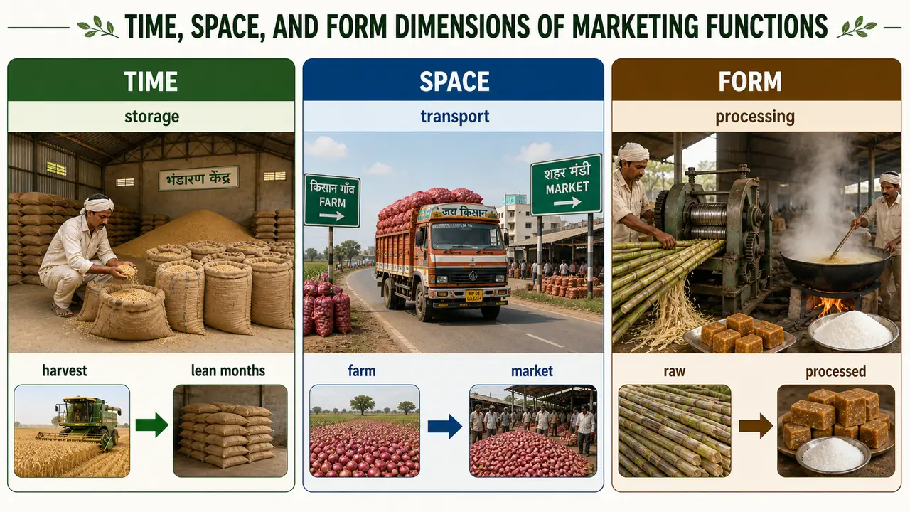 Time, space, and form dimensions of marketing functions showing storage, transportation, and processing in agriculture