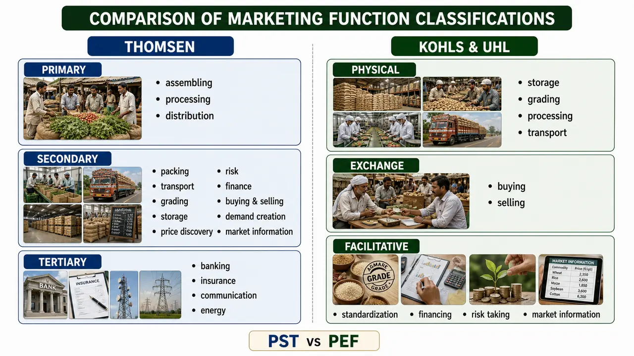 Comparison of Thomsen and Kohls-Uhl classification of marketing functions showing primary secondary tertiary versus physical exchange facilitative groups
