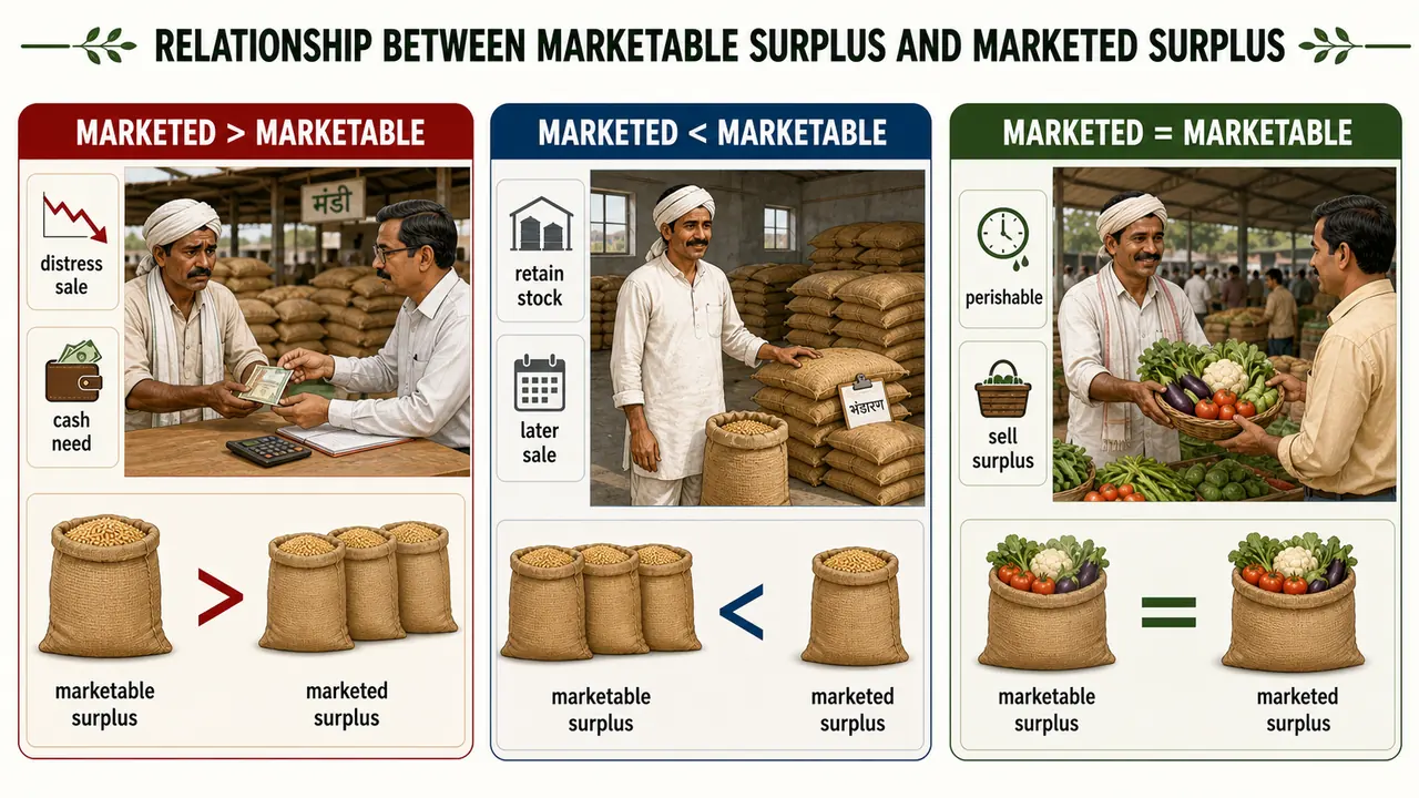 Relationship between marketed surplus and marketable surplus showing distress sale, retention for later sale, and equal surplus cases