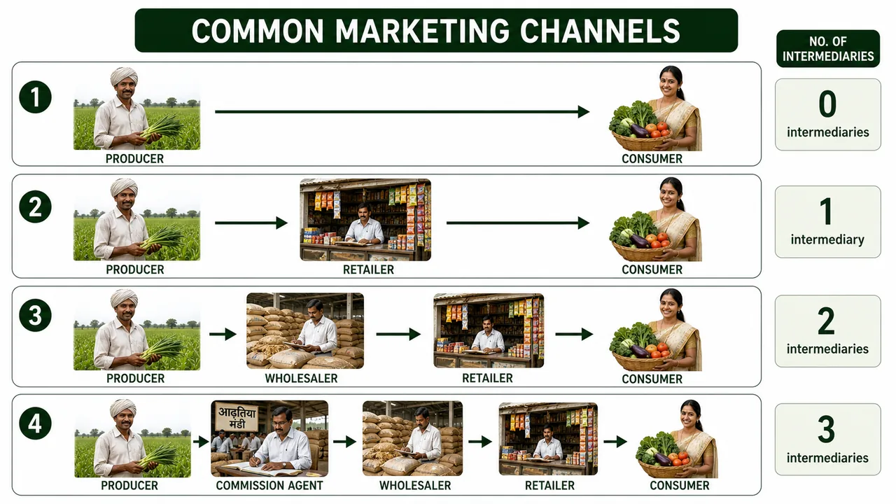 Common marketing channels in agricultural marketing showing producer to consumer direct sale and longer routes through retailer wholesaler and commission agent