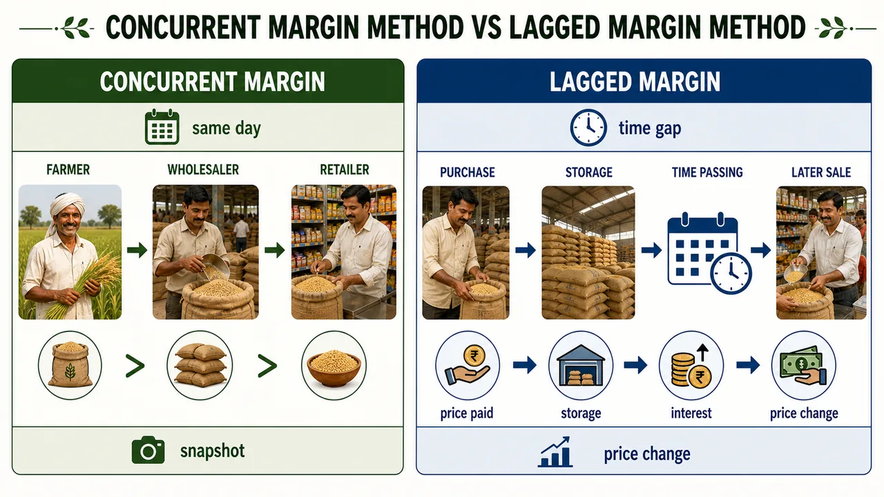 Concurrent and lagged margin methods compared through same-day price comparison and time-gap storage-based comparison