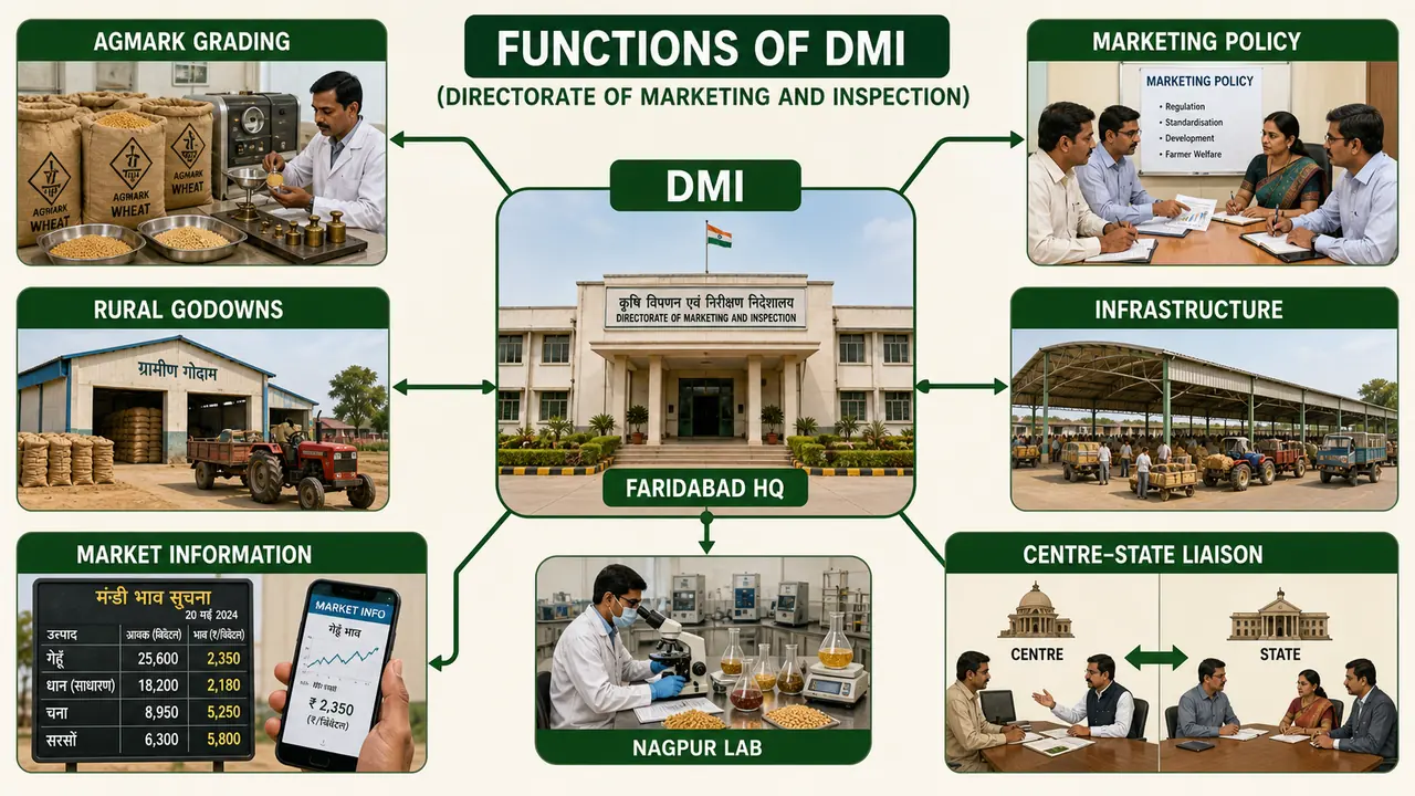 Functions of DMI showing Faridabad headquarters, Nagpur Agmark laboratory, grading, policy, infrastructure, and market information roles