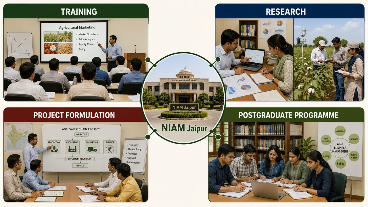 Four key activities of NIAM showing training, research, project formulation, and postgraduate programme