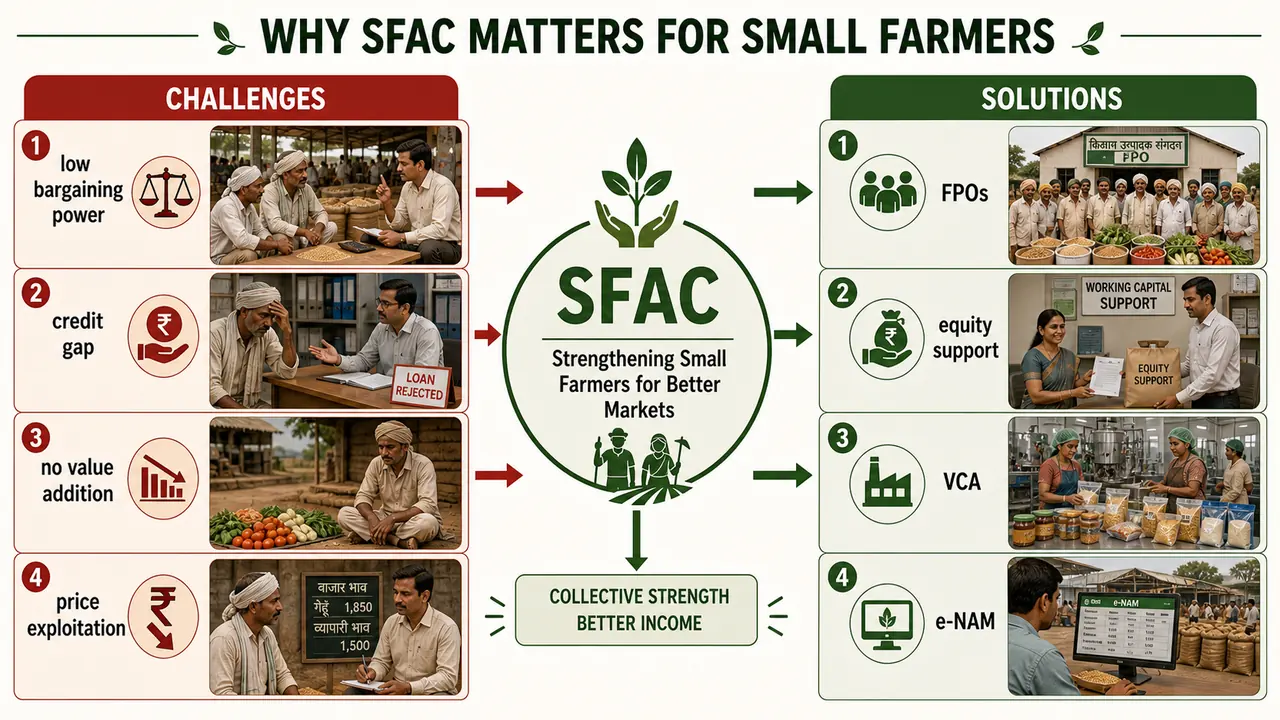 Why SFAC matters for small farmers showing low bargaining power, credit gaps, no value addition, and price exploitation mapped to FPOs, equity support, VCA, and e-NAM