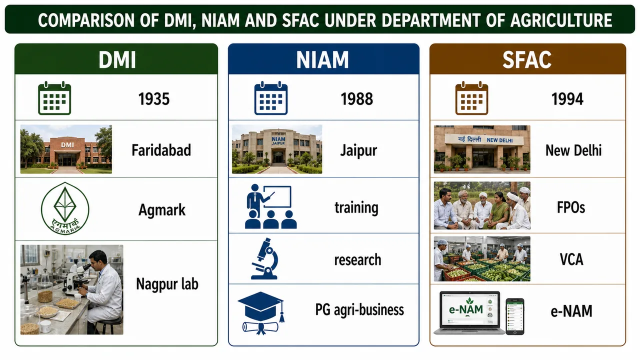 Comparison of DMI, NIAM and SFAC under the Department of Agriculture showing year, headquarters and key roles
