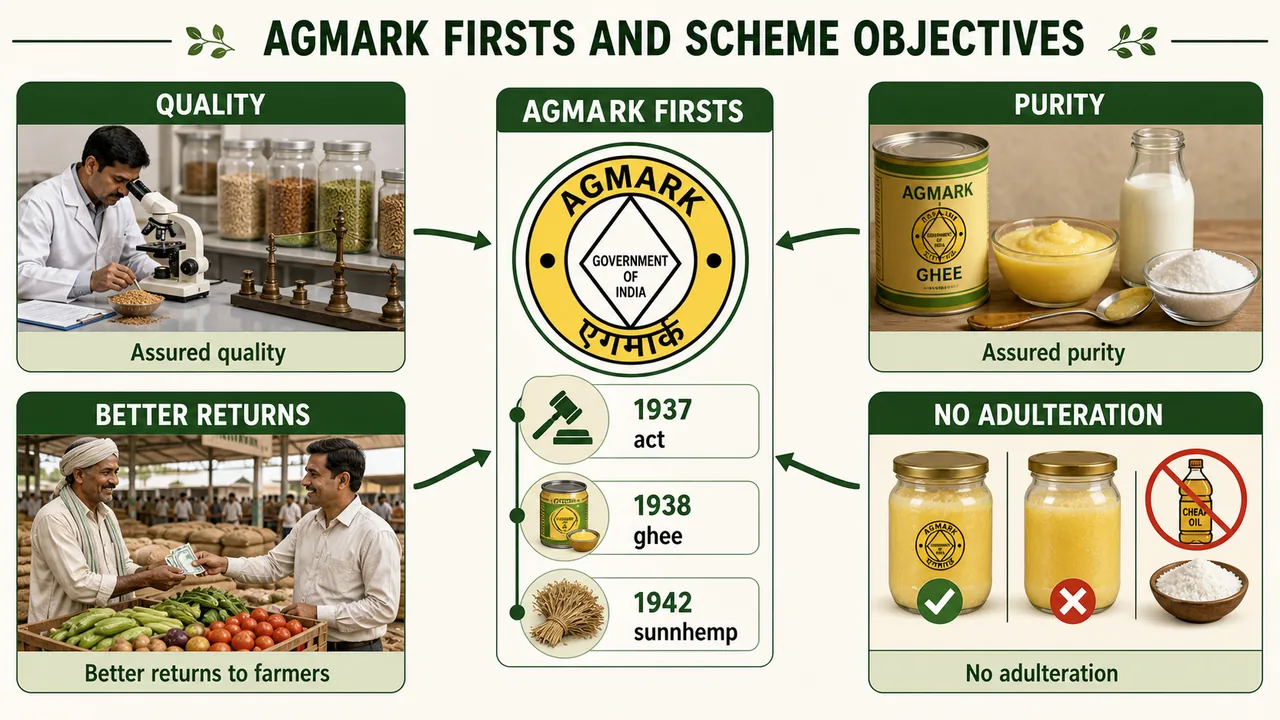AGMARK firsts and scheme objectives showing the 1937 act, ghee domestic grading, sunnhemp export grading, quality assurance, and better returns