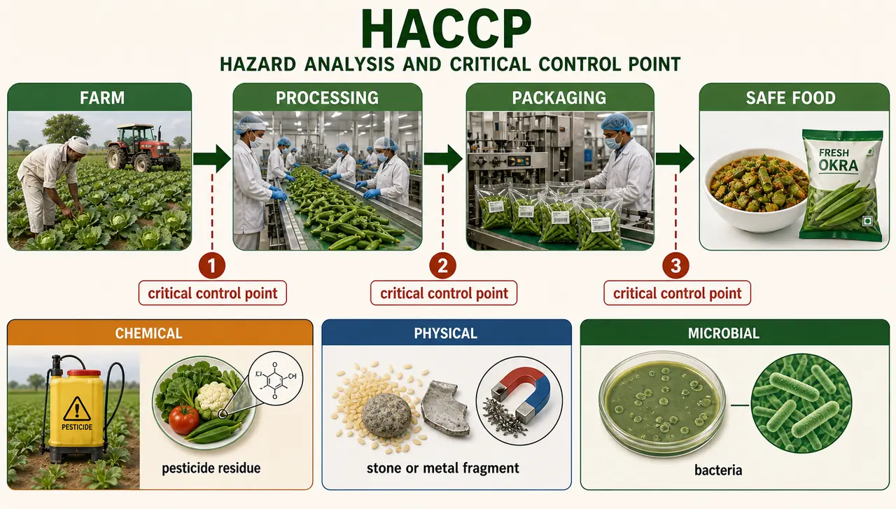 HACCP food safety flow showing chemical, physical, and microbial hazards controlled at critical control points from farm to safe food