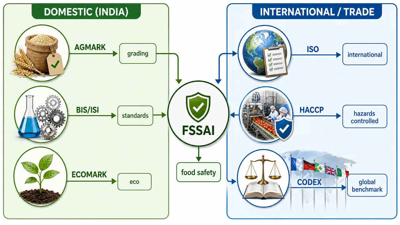 Comparison of AGMARK, BIS or ISI, ECOMARK, FSSAI, ISO, HACCP, and CODEX by domestic versus international scope in agricultural marketing