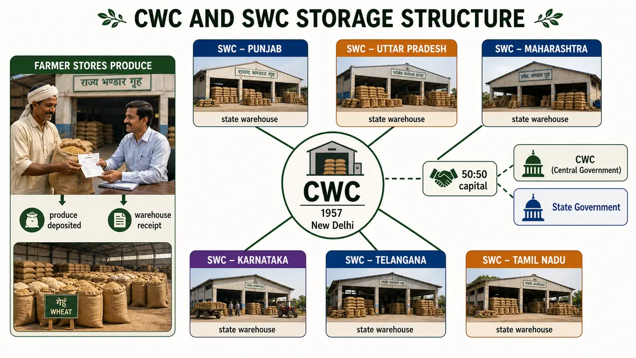 CWC and SWC storage structure showing central warehousing, state warehousing corporations, 50-50 capital sharing, and farmer storage use