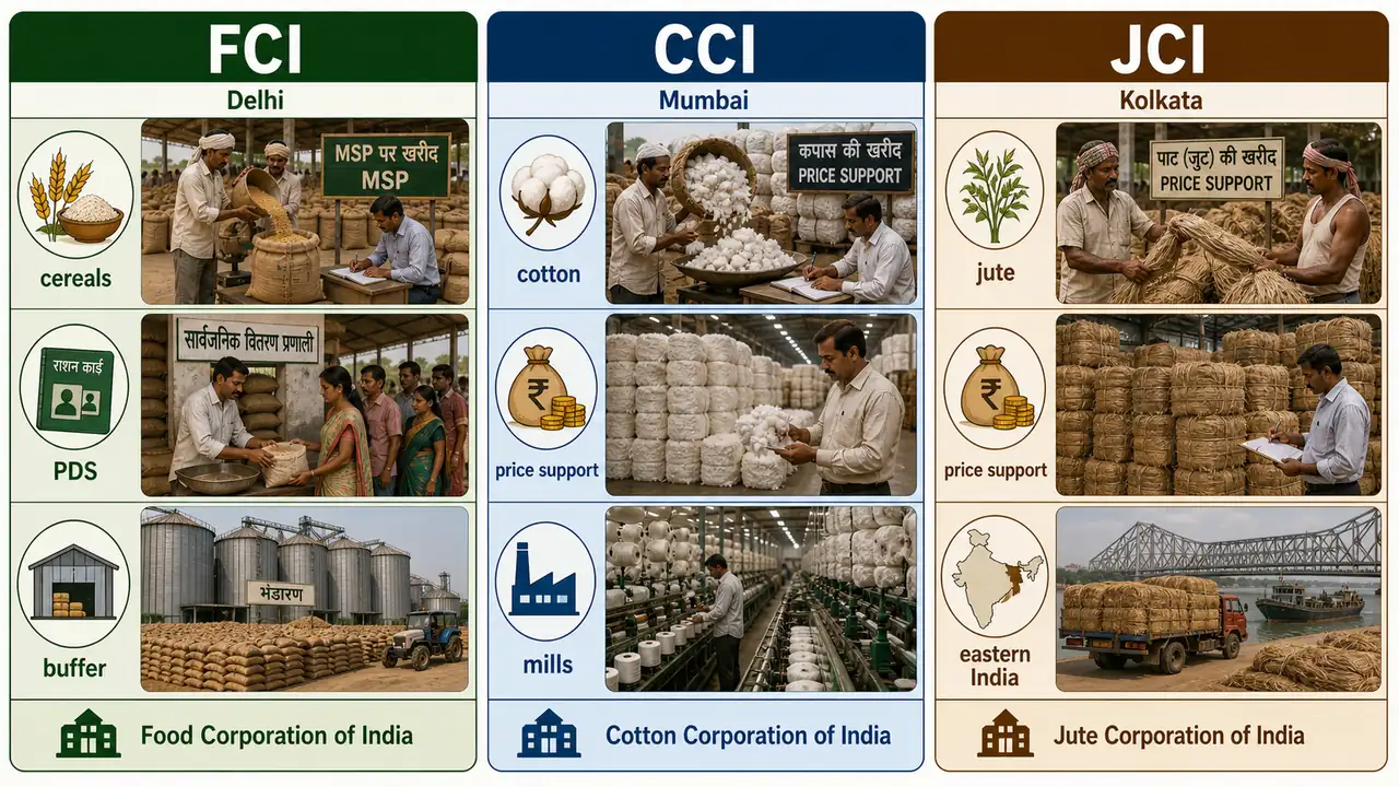 Comparison of FCI, CCI, and JCI showing cereals, cotton, and jute procurement roles with their major support functions