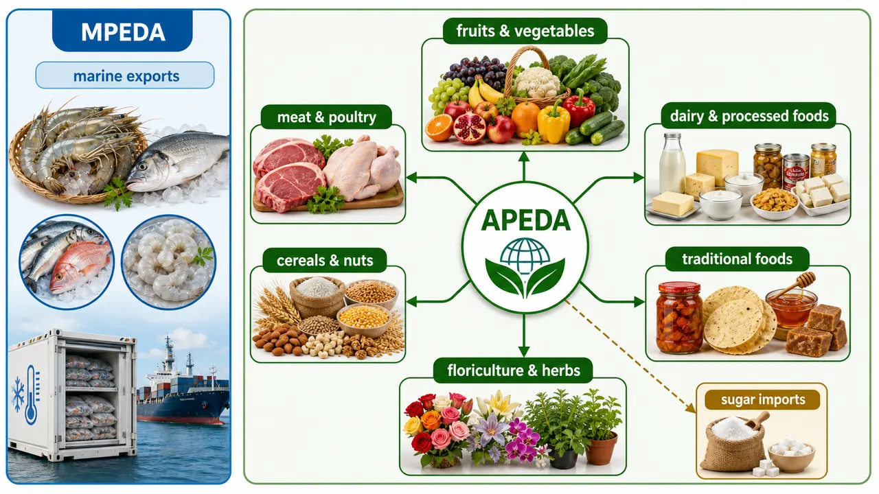 APEDA export basket and MPEDA marine export scope in agricultural marketing
