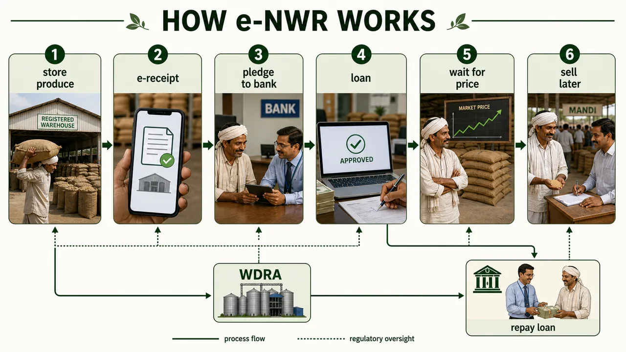 How e-NWR works from warehouse storage and electronic receipt to bank pledge, loan, waiting for better prices, and later sale