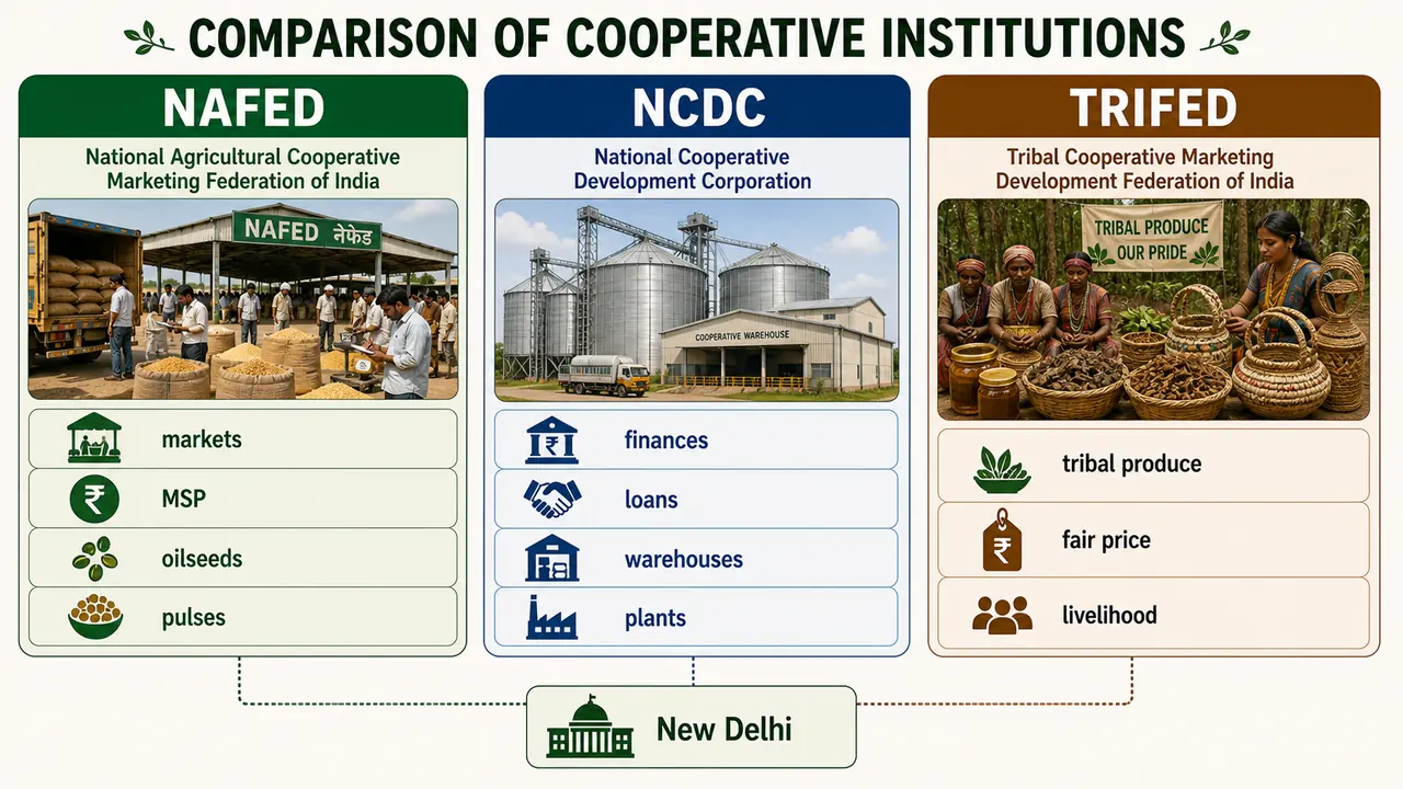 Comparison of NAFED, NCDC, and TRIFED showing marketing, financing, and tribal product support roles