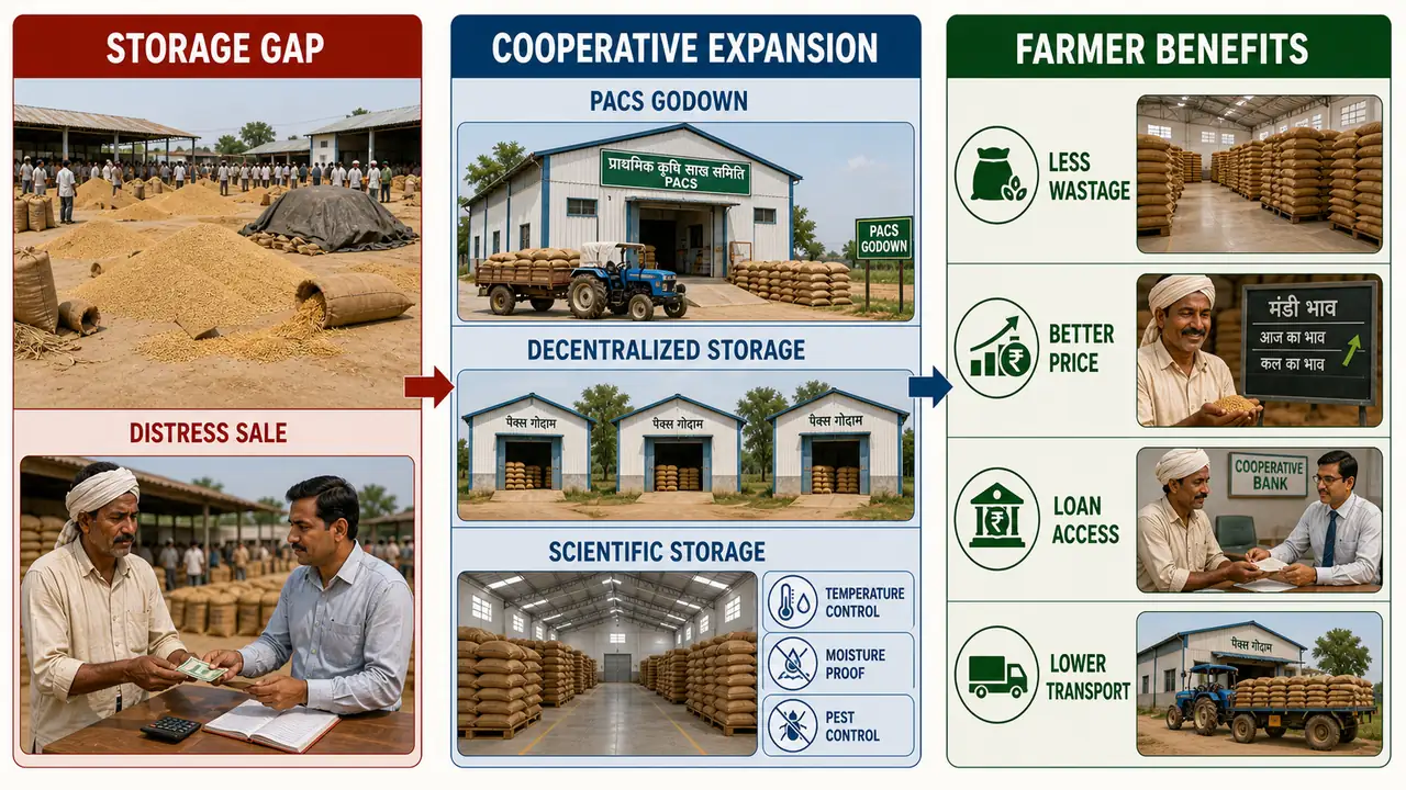 Cooperative grain storage implementation strategy and farmer benefits showing storage gap, PACS expansion, and outcomes like less wastage and better prices