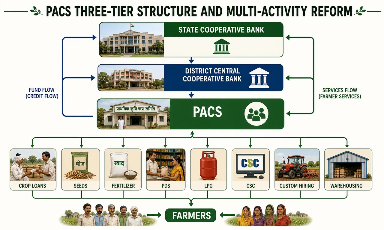 PACS three-tier cooperative credit structure and multi-activity reform showing state cooperative bank, district central cooperative bank, PACS, and farmer services