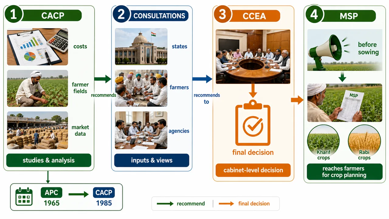 CACP to CCEA MSP decision flow showing cost study, consultations, final cabinet decision, and MSP announcement before sowing