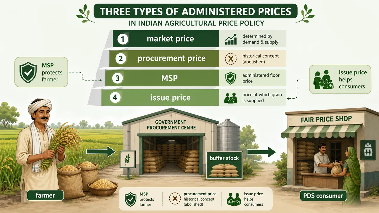 Agricultural pricing policy diagram showing market price, procurement price, MSP, and issue price between farmer, government procurement, and PDS consumer