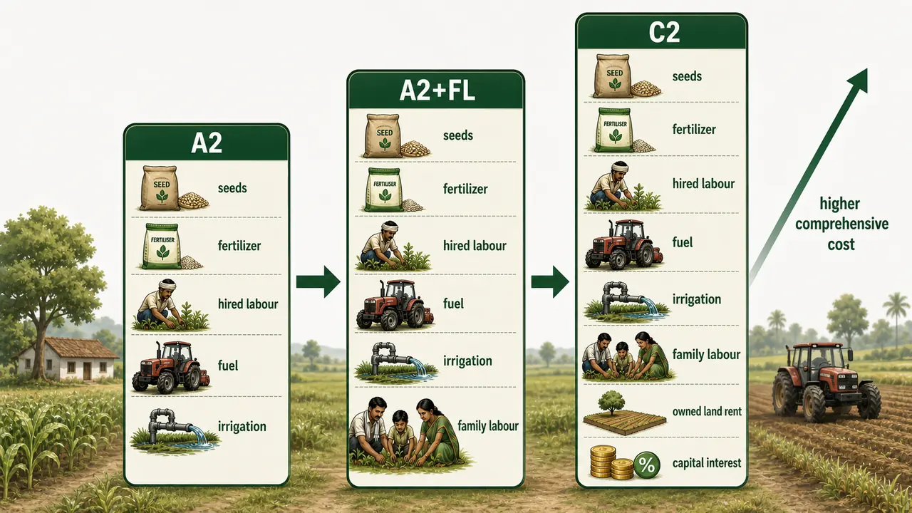 MSP cost concepts diagram comparing A2, A2 plus family labour, and C2 with added land rent and capital interest components