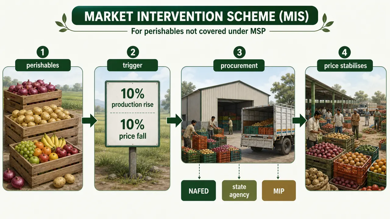 Market Intervention Scheme flow for perishables showing trigger conditions, procurement through NAFED and state agency at market intervention price, and price stabilisation