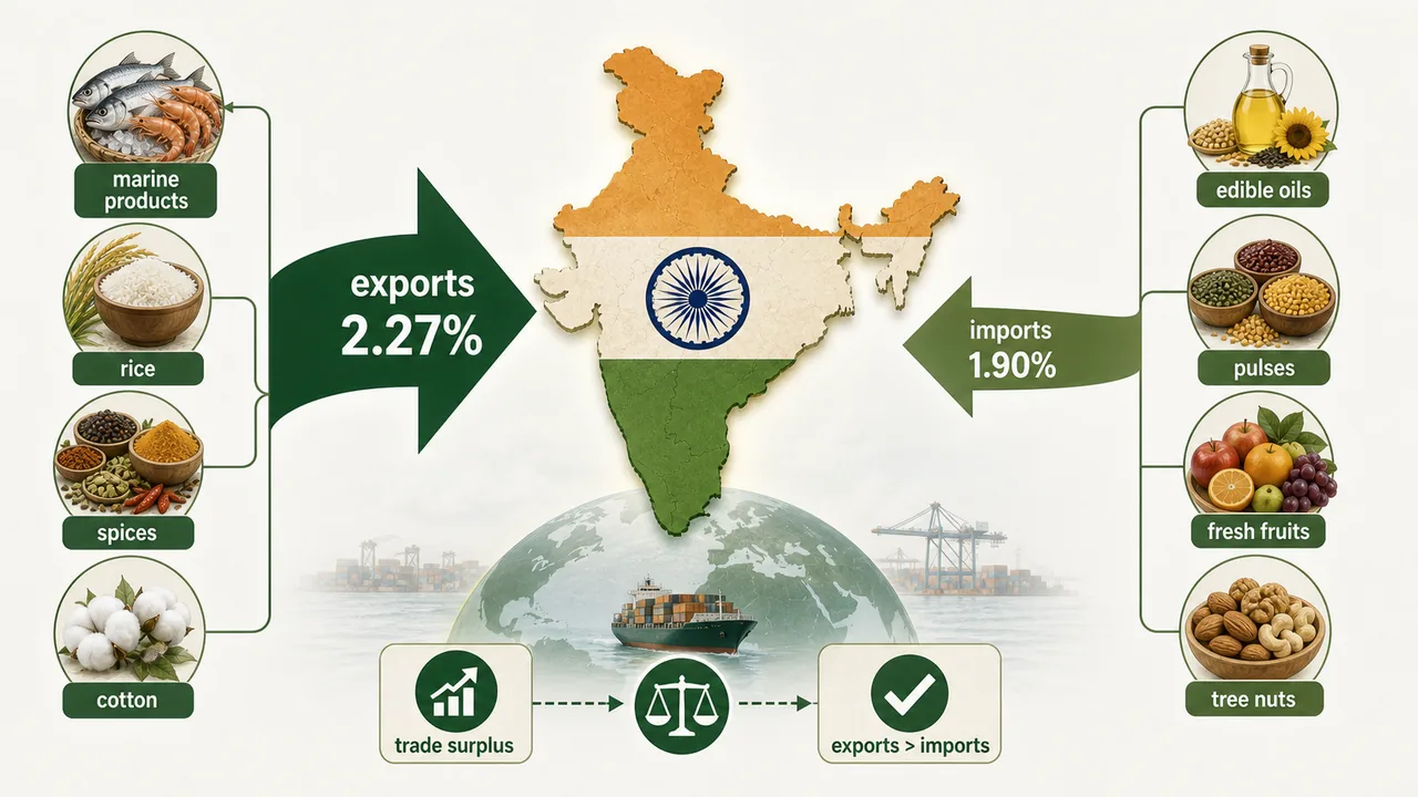 India agricultural trade position diagram showing exports larger than imports and a trade surplus driven by export commodities like marine products, rice, spices, and cotton