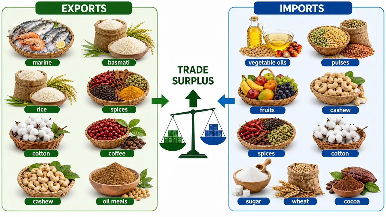 India agricultural export basket versus import basket showing trade surplus and major commodities