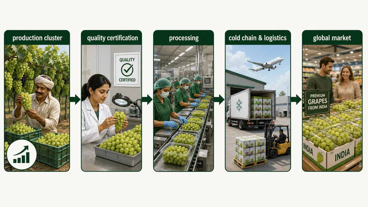 Agricultural Export Policy diagram showing production cluster, quality certification, processing, cold chain and logistics, and global market linkages