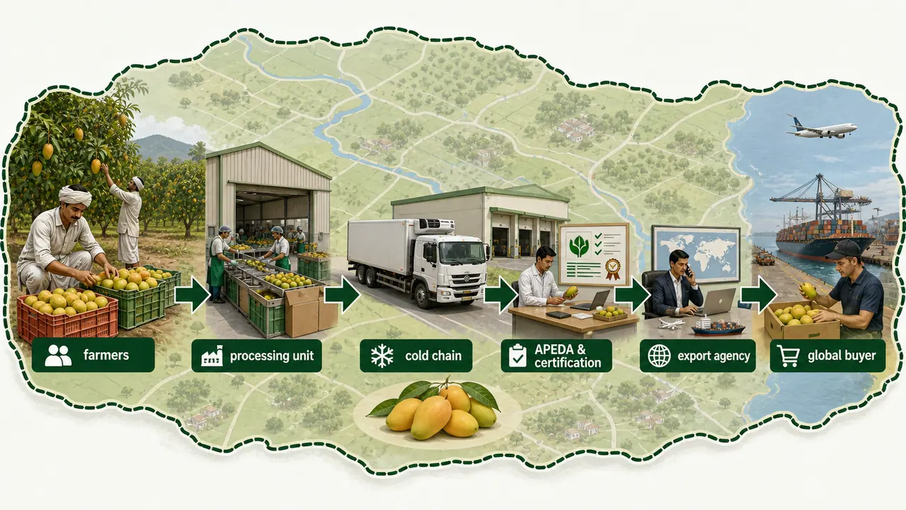 Agri-Export Zone workflow showing farmers, processing unit, cold chain, APEDA certification, export agency, and global buyer connected within one crop-based export zone