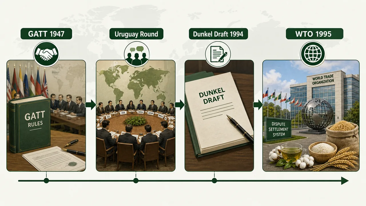 GATT to WTO transition timeline showing GATT 1947, Uruguay Round, Dunkel Draft 1994, and WTO 1995 as a stronger permanent trade institution