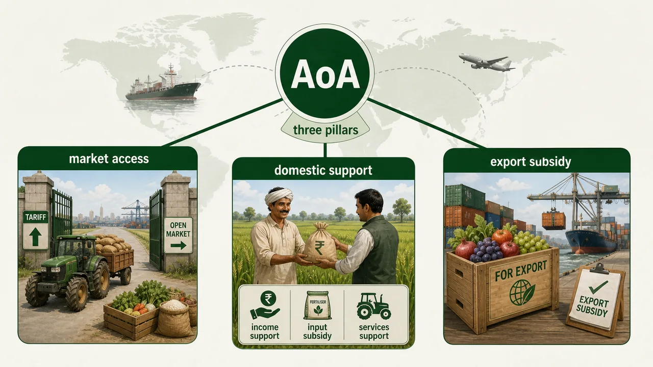 Agreement on Agriculture diagram showing the three pillars of market access, domestic support, and export subsidy
