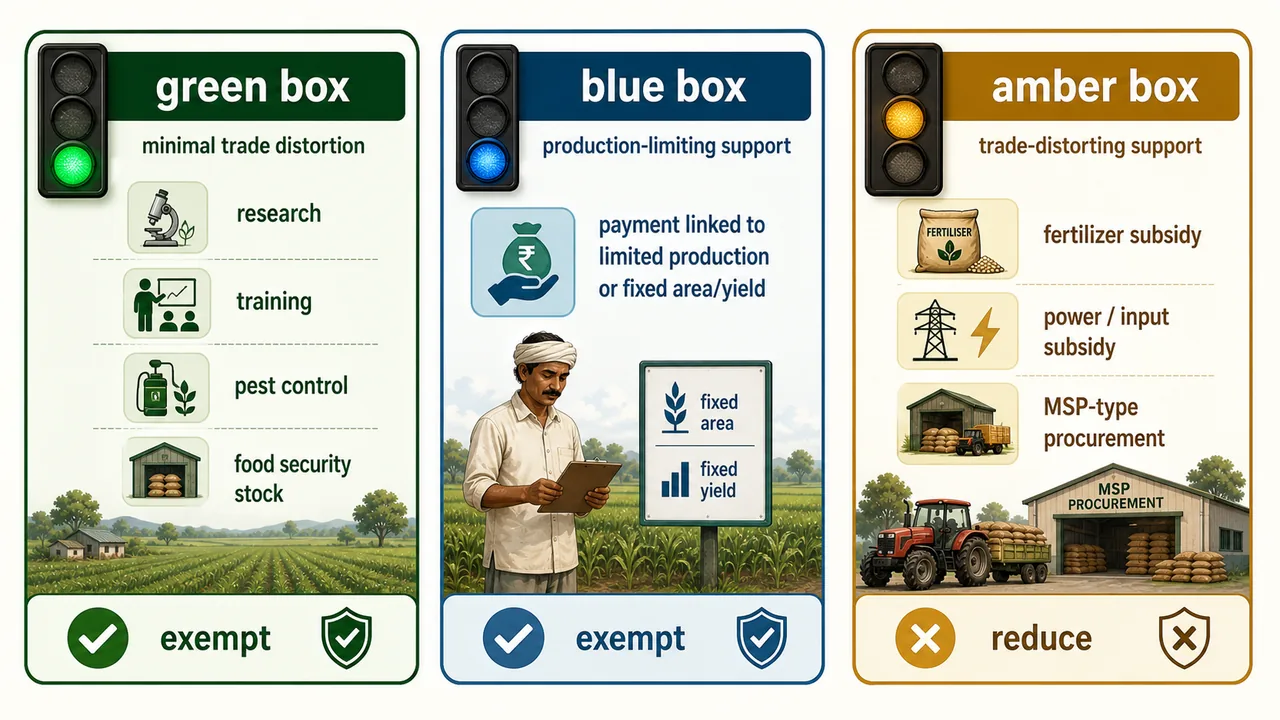 WTO subsidy box comparison showing green box exempt supports, blue box exempt production-limiting supports, and amber box trade-distorting subsidies subject to reduction