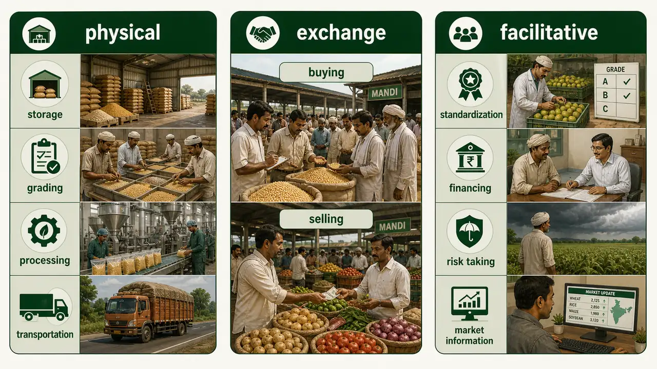 Kohls and Uhl classification diagram showing physical, exchange, and facilitative marketing functions with agricultural examples like storage, buying and selling, financing, and market information