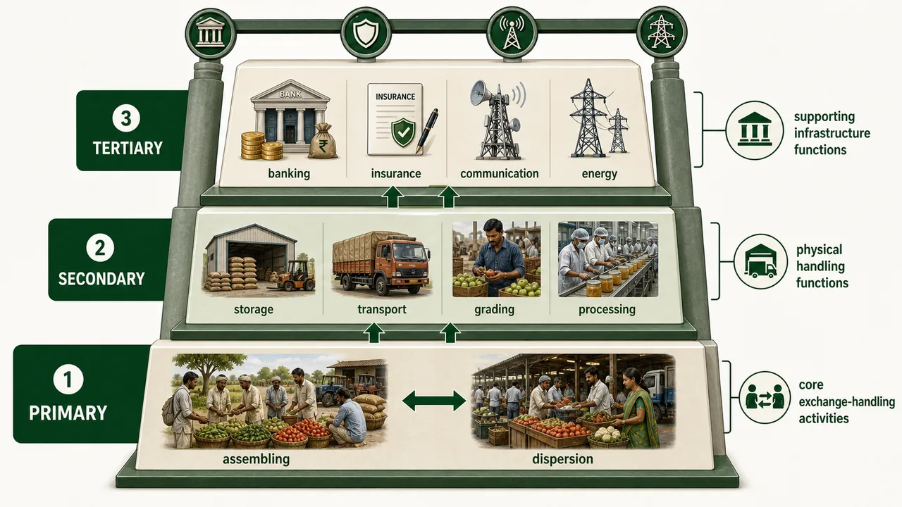 Thomsen classification diagram showing primary, secondary, and tertiary marketing functions as a hierarchy from core activities to supporting infrastructure