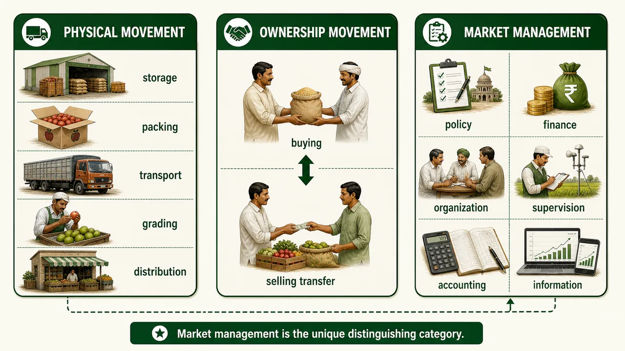 Huegy and Mitchell classification diagram showing physical movement, ownership movement, and market management functions in agricultural marketing