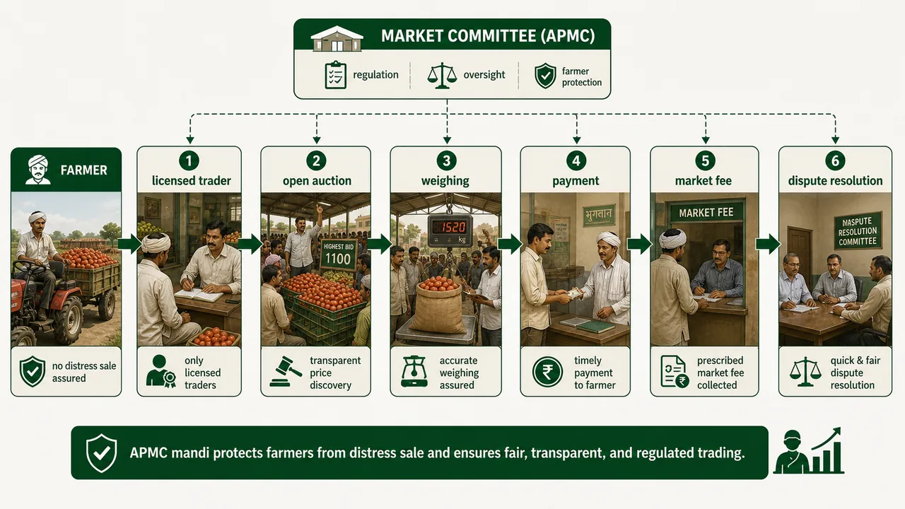 APMC mandi regulation flow showing farmer entry, licensed trader, open auction, weighing, payment, market fee, and dispute resolution under market committee oversight