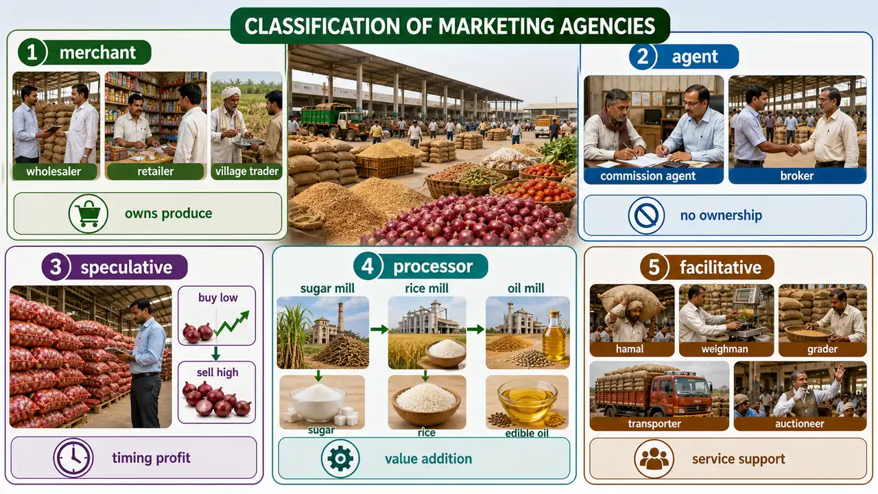 Classification of marketing agencies in agricultural marketing showing merchant, agent, speculative, processor, and facilitative roles