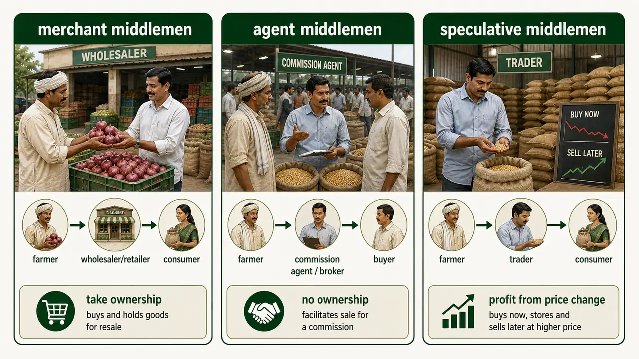 Comparison of merchant middlemen, agent middlemen, and speculative middlemen showing who takes ownership of produce and who profits from resale, commission, or price change