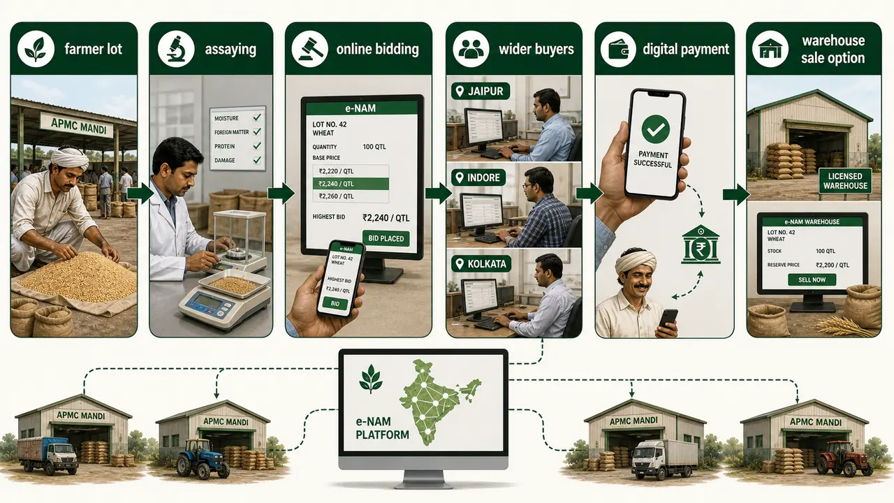 e-NAM workflow showing farmer lot, assaying, online bidding, wider buyers, digital payment, and warehouse sale option across linked APMC mandis