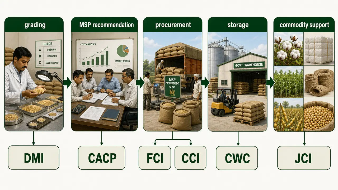 Public agricultural marketing institutions diagram showing DMI, CACP, FCI, CCI, JCI, and CWC mapped to grading, MSP recommendation, procurement, storage, and commodity support stages