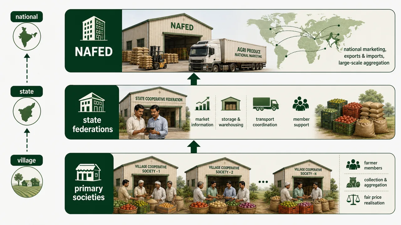 Three-tier cooperative marketing structure showing primary societies at village level, state federations, and NAFED at national level