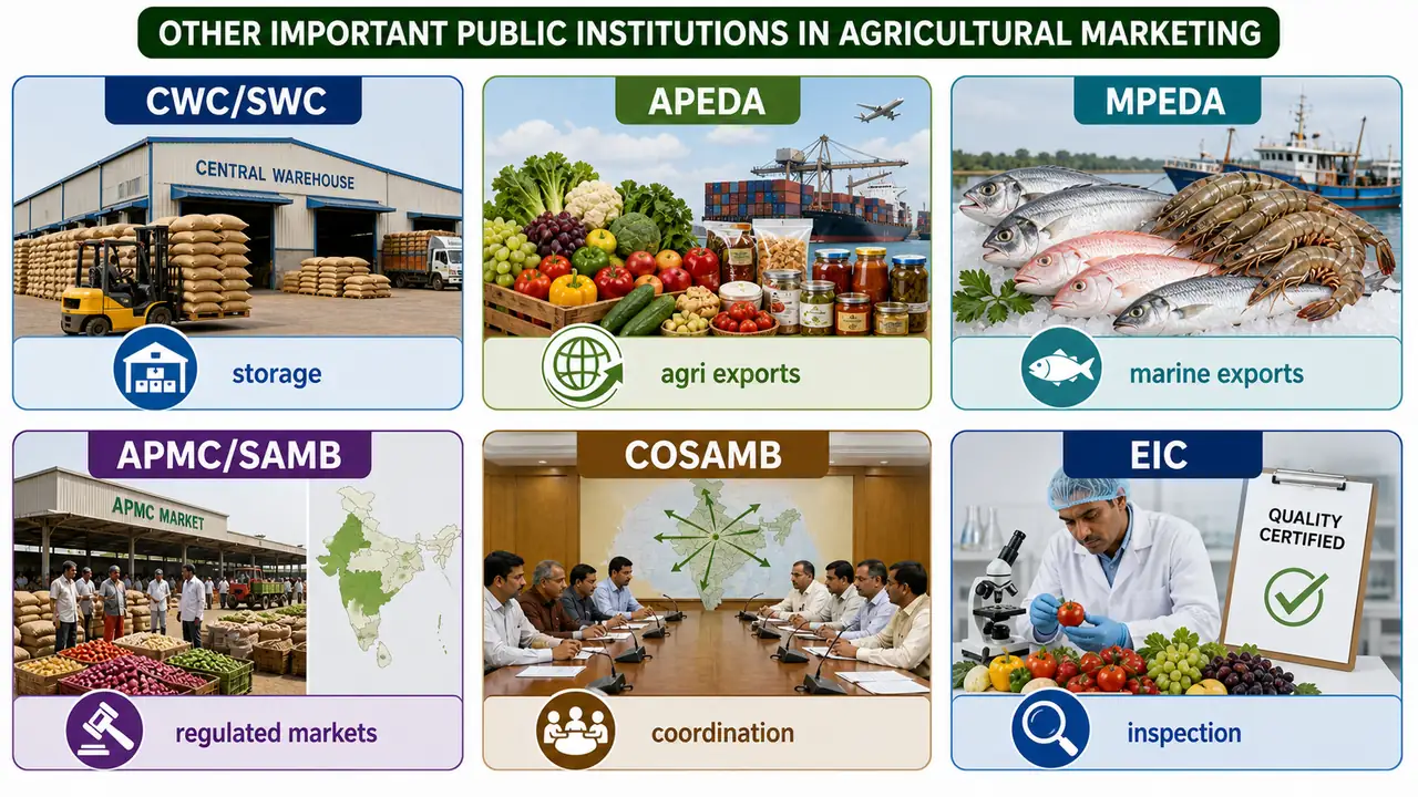 Other important public institutions in agricultural marketing showing storage, export promotion, inspection, and market coordination roles