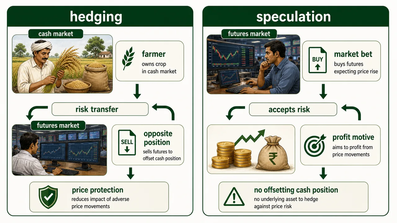 Hedging versus speculation comparison showing opposite futures position for price protection in hedging and a profit-seeking market bet without offsetting cash position in speculation