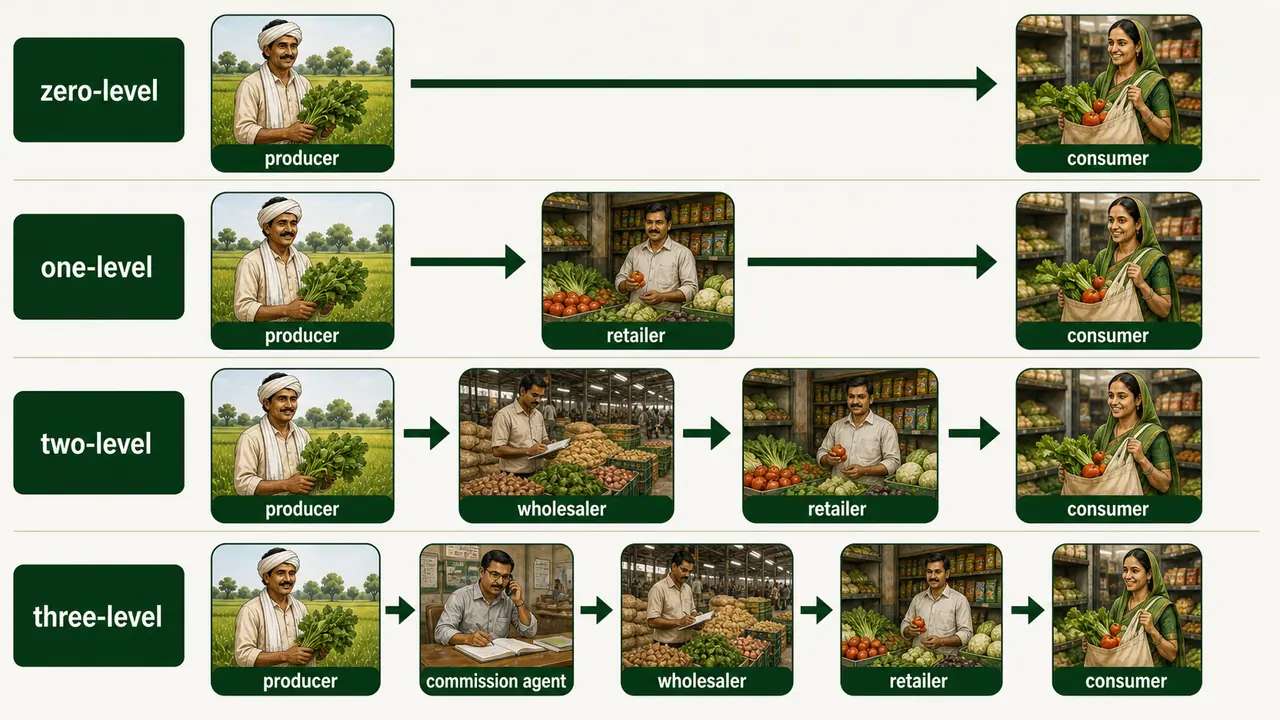 Marketing channel levels diagram showing zero-level, one-level, two-level, and three-level agricultural marketing paths from producer to consumer