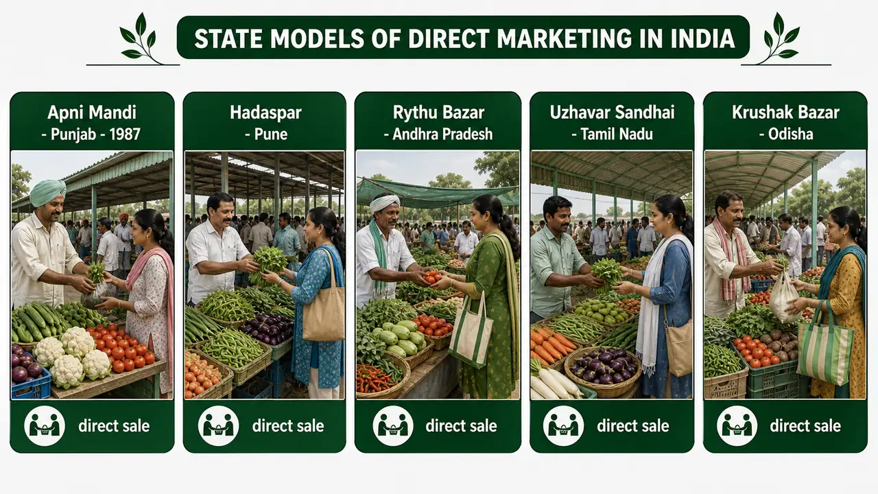 Comparison of direct marketing state models showing Apni Mandi in Punjab, Hadaspar in Pune, Rythu Bazar in Andhra Pradesh, Uzhavar Sandhai in Tamil Nadu, and Krushak Bazar in Odisha
