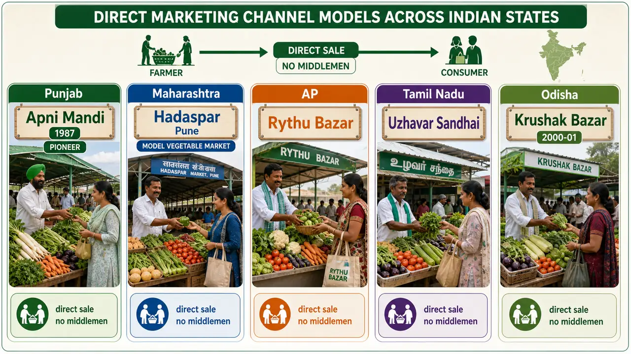 Statewise direct marketing channel models in India showing Apni Mandi, Hadaspar, Rythu Bazar, Uzhavar Sandhai, and Krushak Bazar