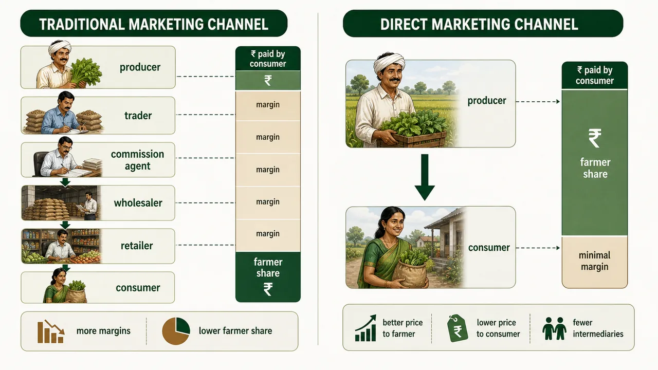 Traditional versus direct marketing comparison showing fewer intermediaries, better farmer price realization, and lower consumer price under direct marketing