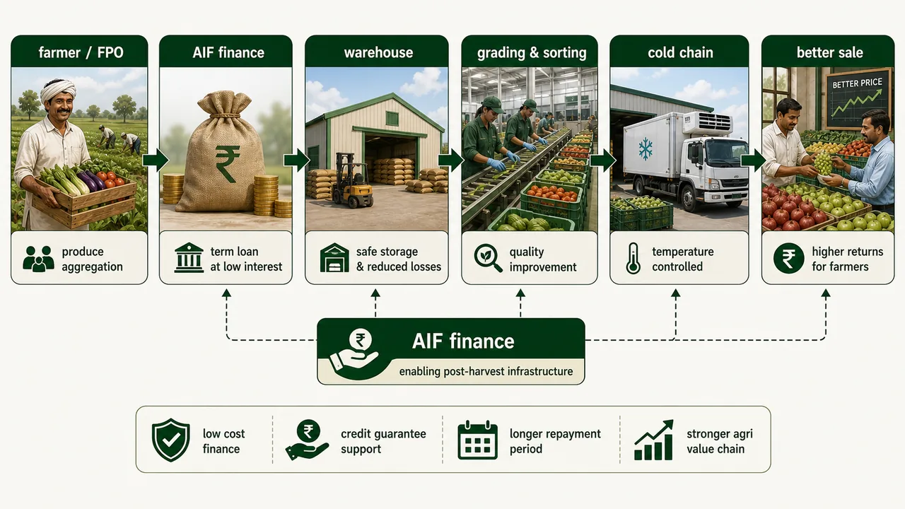 Agriculture Infrastructure Fund diagram showing farmer or FPO access to AIF finance for warehouse, grading and sorting, cold chain, and better post-harvest sale