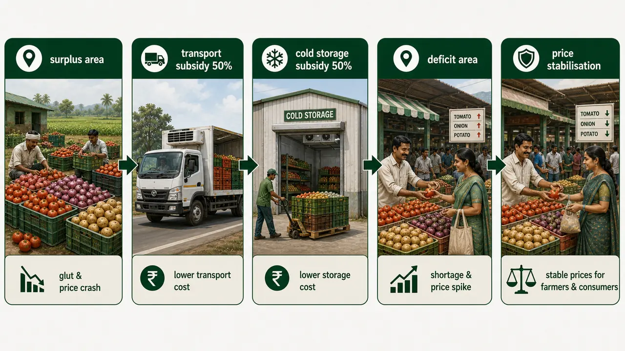 Operation Greens logistics diagram showing surplus area, 50 percent transport subsidy, 50 percent cold storage subsidy, movement to deficit area, and price stabilisation for TOP crops